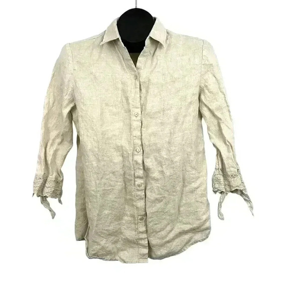 Liz Claiborne Beige 3/4 Sleeve Blouse MEDIUM 100% Linen Crochet - Picture 1 of 11